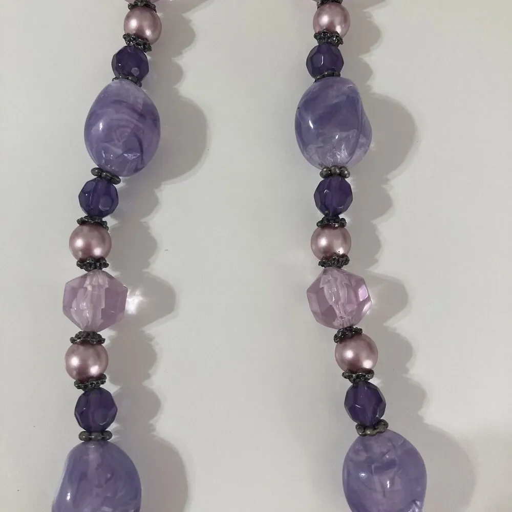 Silver Tone Purple Pink Faux Pearl Beaded Statement Necklace Fairy Bohemian